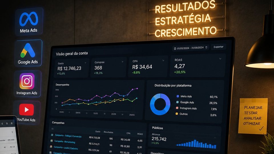 Painel de campanhas com Meta Ads, Google Ads, Instagram Ads e YouTube Ads